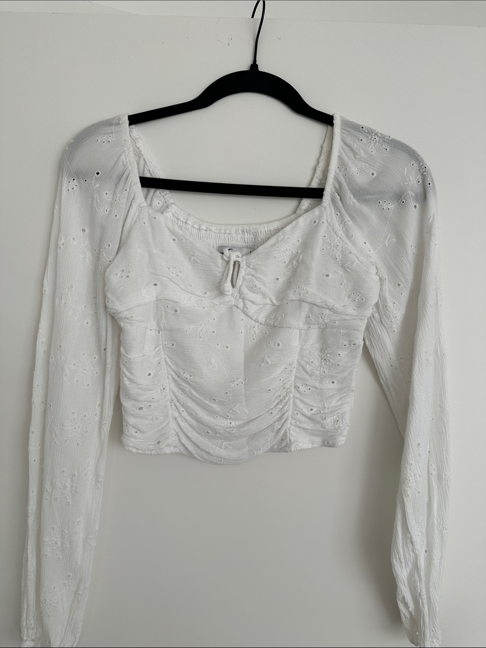 Hollister White Eyelet Ruched Long-Sleeve Crop Blouse
